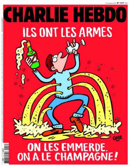Charlie Hebdo cover: They have weapons. Fuck them. We have champagne. 