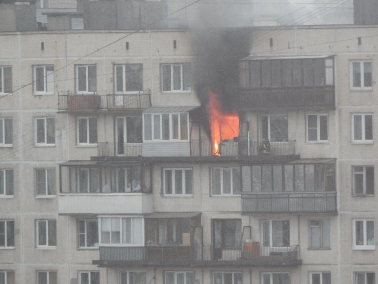Мощные языки пламени уничтожают квартиру на Пискаревском