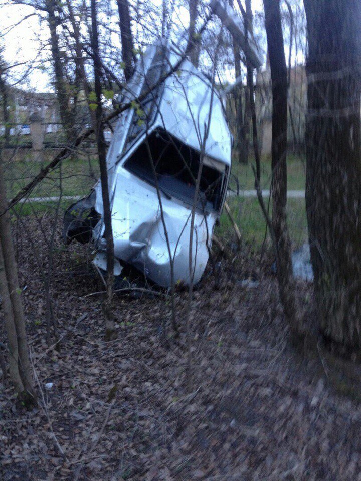 Странное ДТП в Ленобласти: автомобиль снес столб и повис на дереве