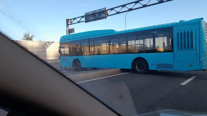 На Ропшинском шоссе лазурный автобус застрял на разделительной полосе и перекрыл проезд