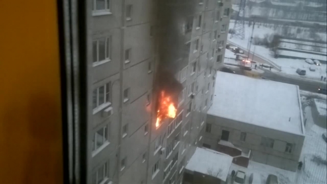 Очевидец снял пожар в квартире, в Москве на улице Старобитцевской