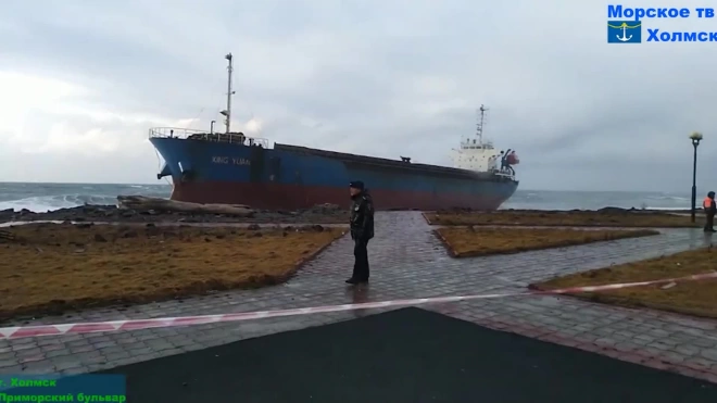 Китайский сухогруз выбросило на берег в порту города Холмск на Сахалине 