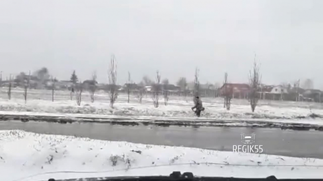 Видео: в Омске мужчина косил снег