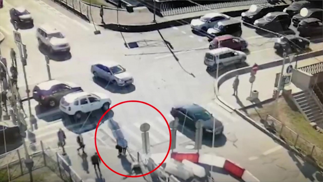 На видео попал момент падения дорожного знака на людей на Петроградской стороне