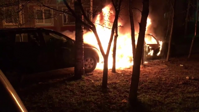 На улице Сизова преступник коктейлем Молотова спалил два автомобиля