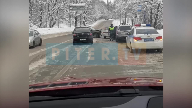 Столкновение трех иномарок в Парголово попало на видео