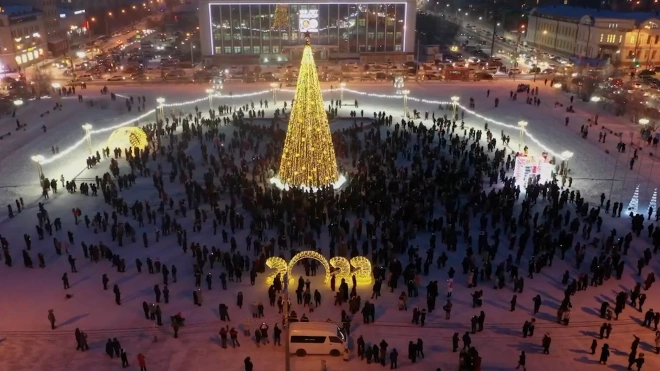 В России зажгли первую новогоднюю елку