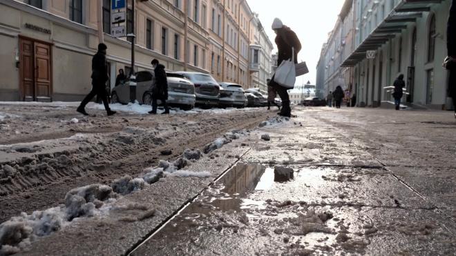 Грязный снег завалил центральные улицы Петербурга