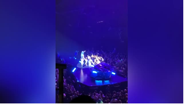 Леди Гага запрыгнула на фаната и рухнула с ним со сцены