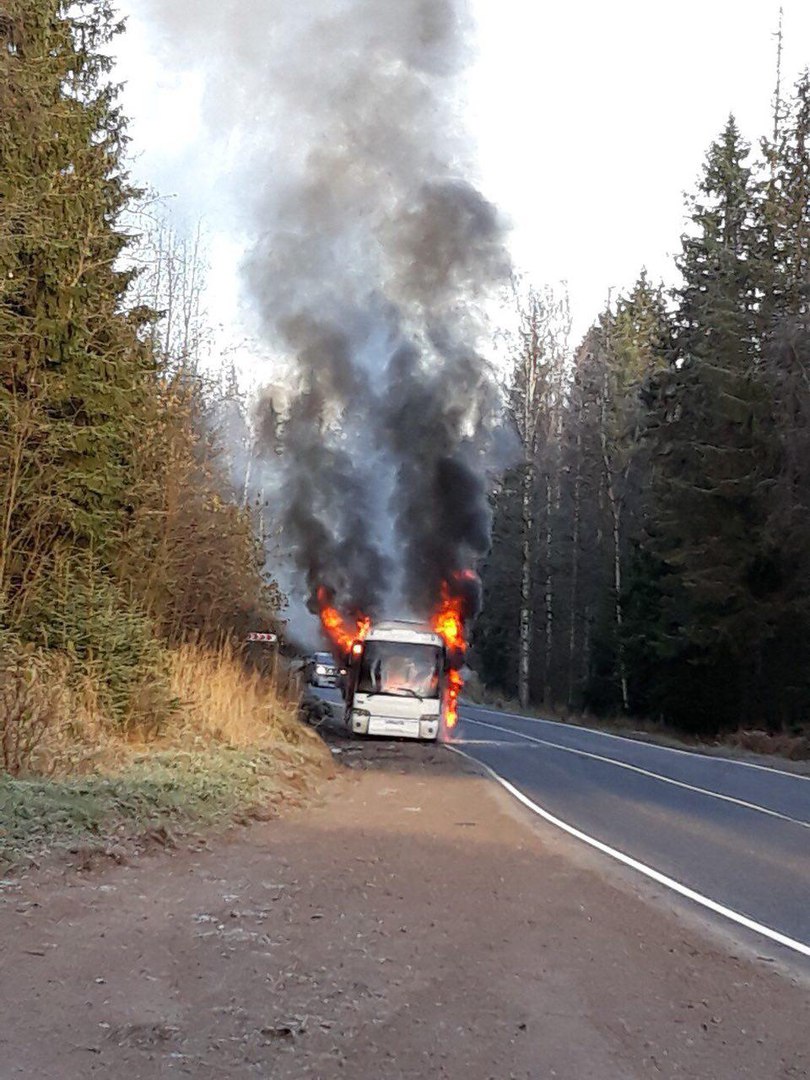 На трассе Светогорск — Петербург сгорел автобус