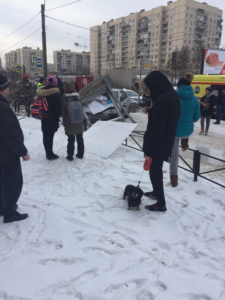 Иномарка снесла остановку на Богатырском проспекте: пострадала женщина